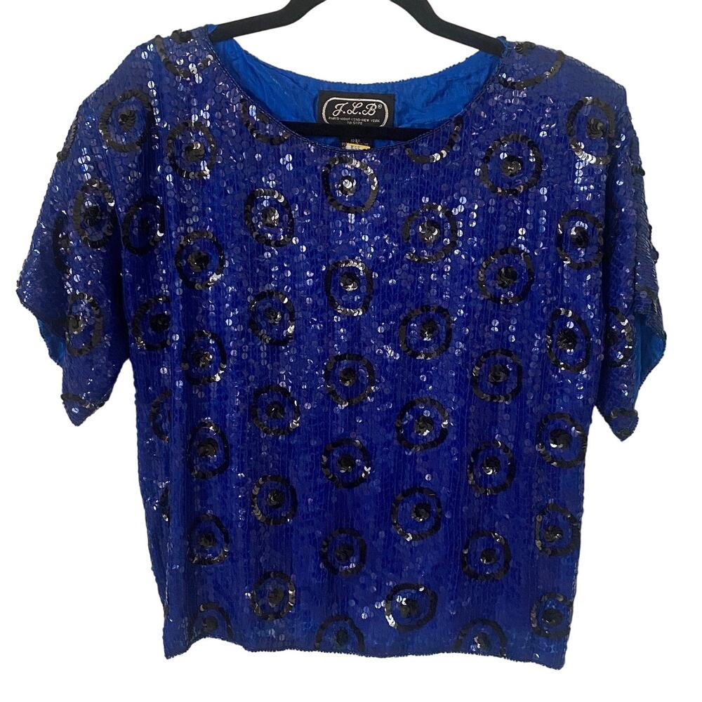 VTG J.L.B. Blue and Black Sequin Blouse 

Silk Lining SZ M Dolly Parton 80s NWT